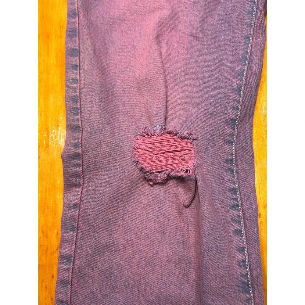 boohooMAN Mens Y2K‎ Grunge Relaxed Rigid Tinted Jeans Pink Purple Ripped Knee